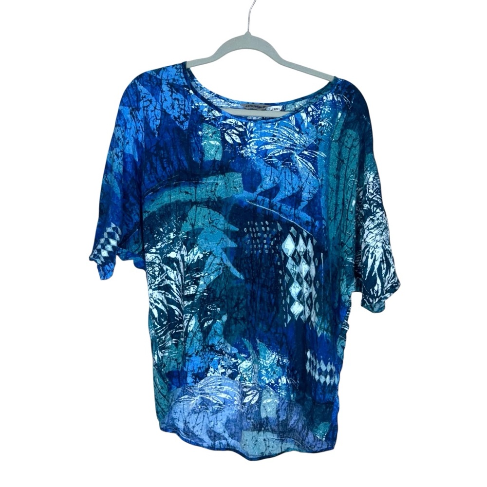 Jams World Womens Top Blue Tropical Hawaiian Taju Short Sleeve Vacation Xs